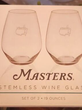 Masters 2026 Stemless Wine Glasses - Clear (Set of 2) with Masters logo